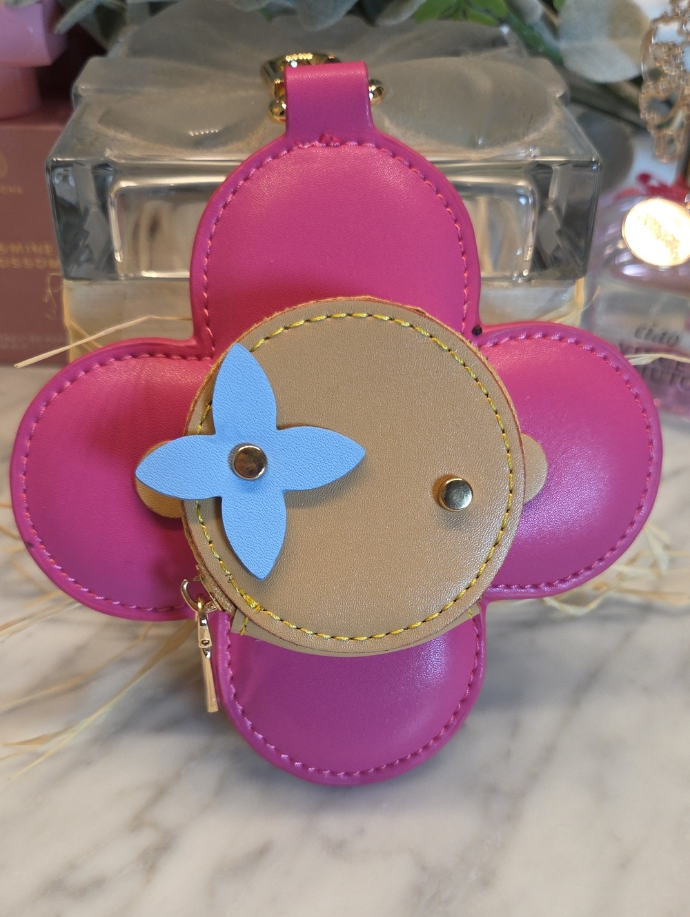Fashion/ Inspired Pink Flower-Shaped Leather Coin Pouch Purse Key Charm NWOT